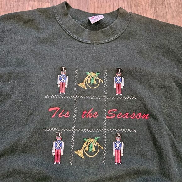 Vtg Christmas Crew Sweatshirt Womens XL Green Embroidered Jerzees Nutcracker - Picture 2 of 9